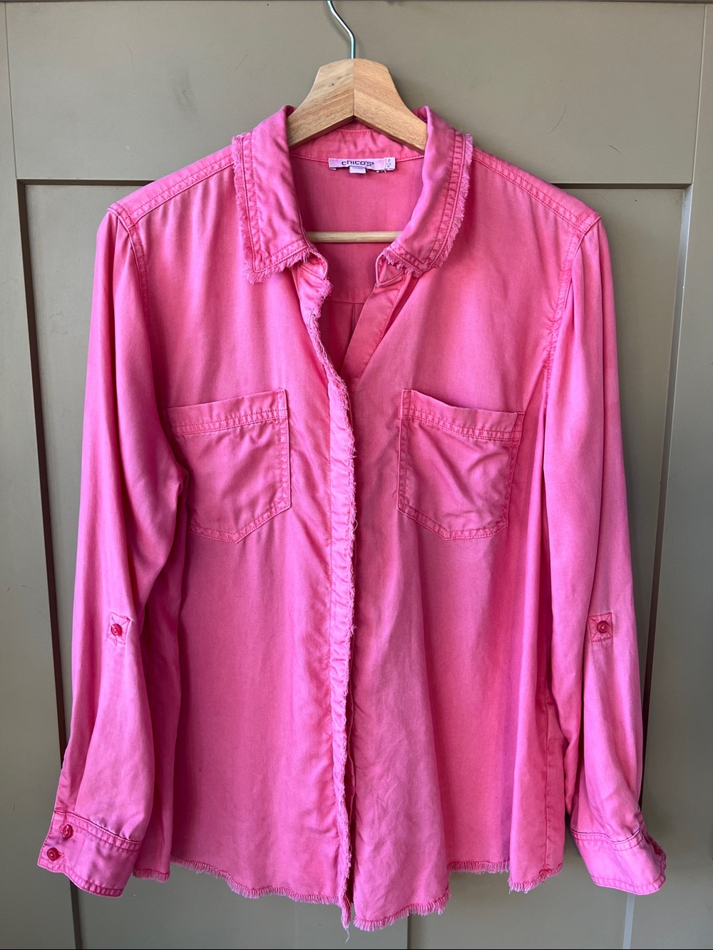 Chico's 12 Casual Pink Button-Down Shirt with Frayed Trim Lyocell